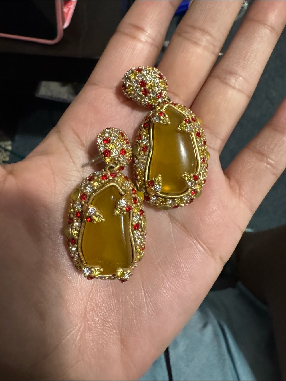 Gold-Tone Amber Glass Drop Earrings with Red Crystal Accents